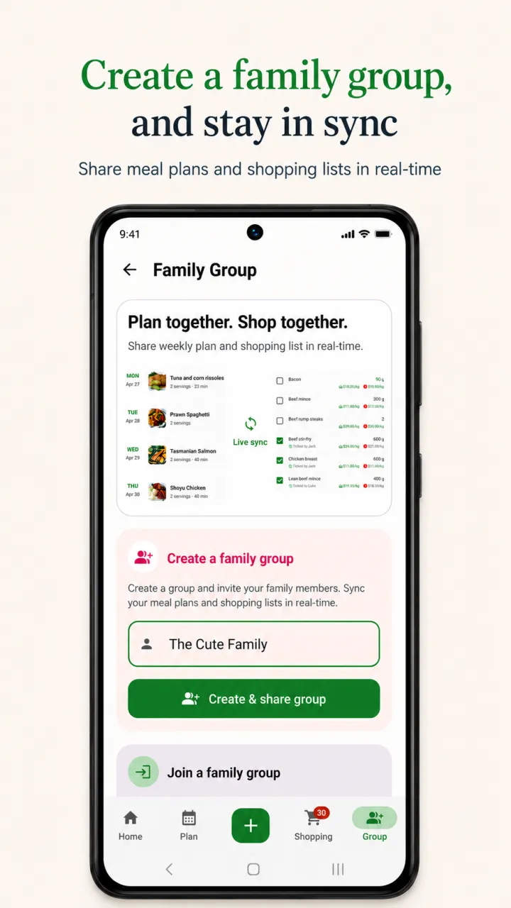 RecipeRun family group screen