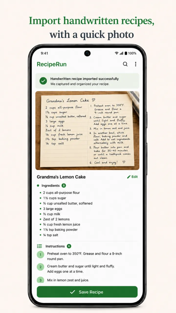 RecipeRun handwritten recipe import screen