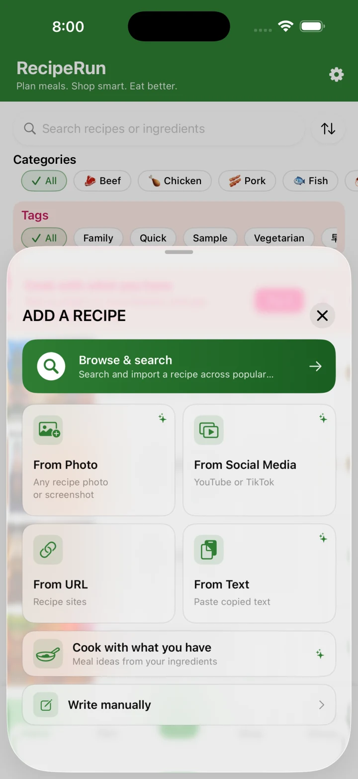 RecipeRun options for importing recipes from photos, social media, websites and text