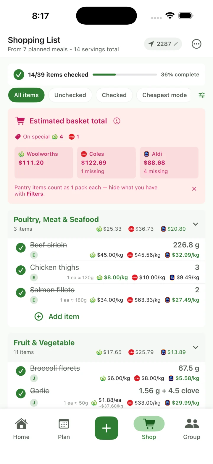 RecipeRun iOS grocery list with estimated Woolworths, Coles and Aldi prices