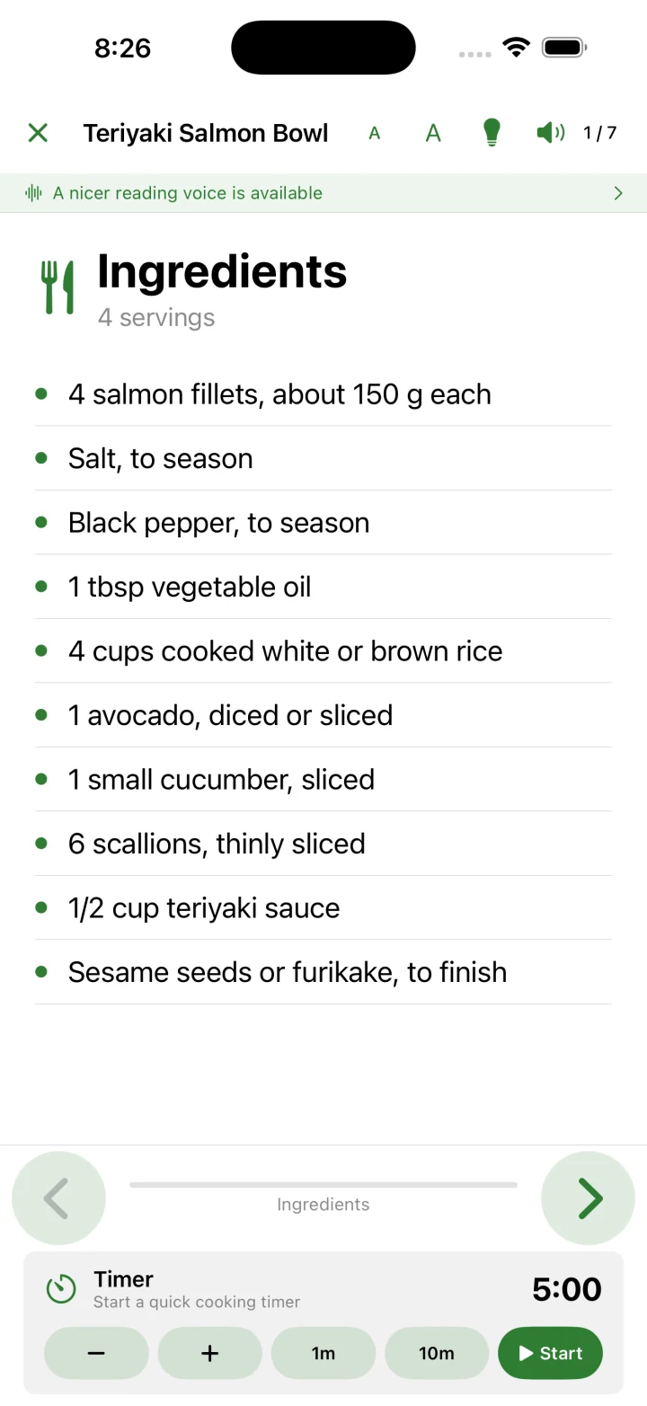 RecipeRun Cook Mode with recipe navigation and a five-minute cooking timer