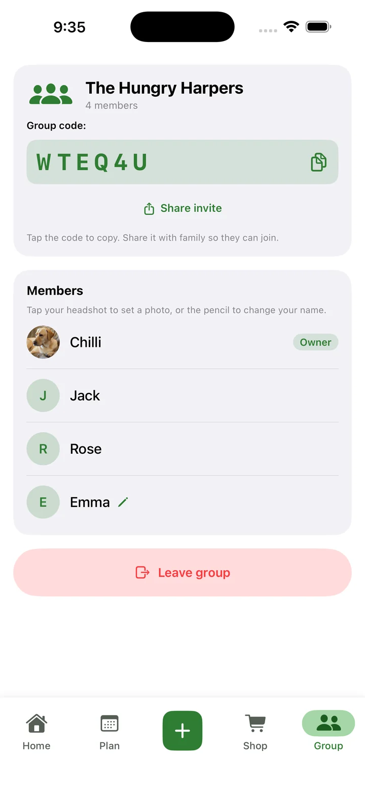 RecipeRun family group showing the four household members: Chilli, Jack, Rose and Emma