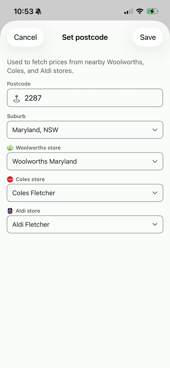 RecipeRun Set postcode sheet for 2287, Maryland NSW, with Woolworths Maryland, Coles Fletcher and ALDI Fletcher selected