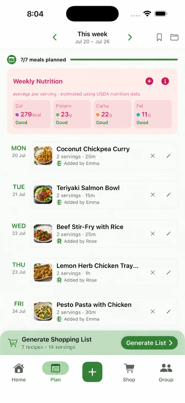 RecipeRun weekly nutrition summary with Good indicators for calories, protein, carbohydrates and fat