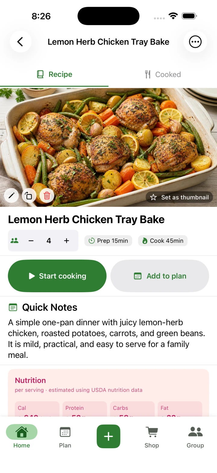 Lemon herb chicken recipe with serving-size controls and cooking times