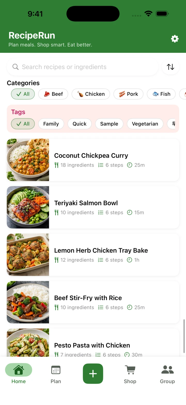 RecipeRun iOS recipe collection with search, categories and saved dishes