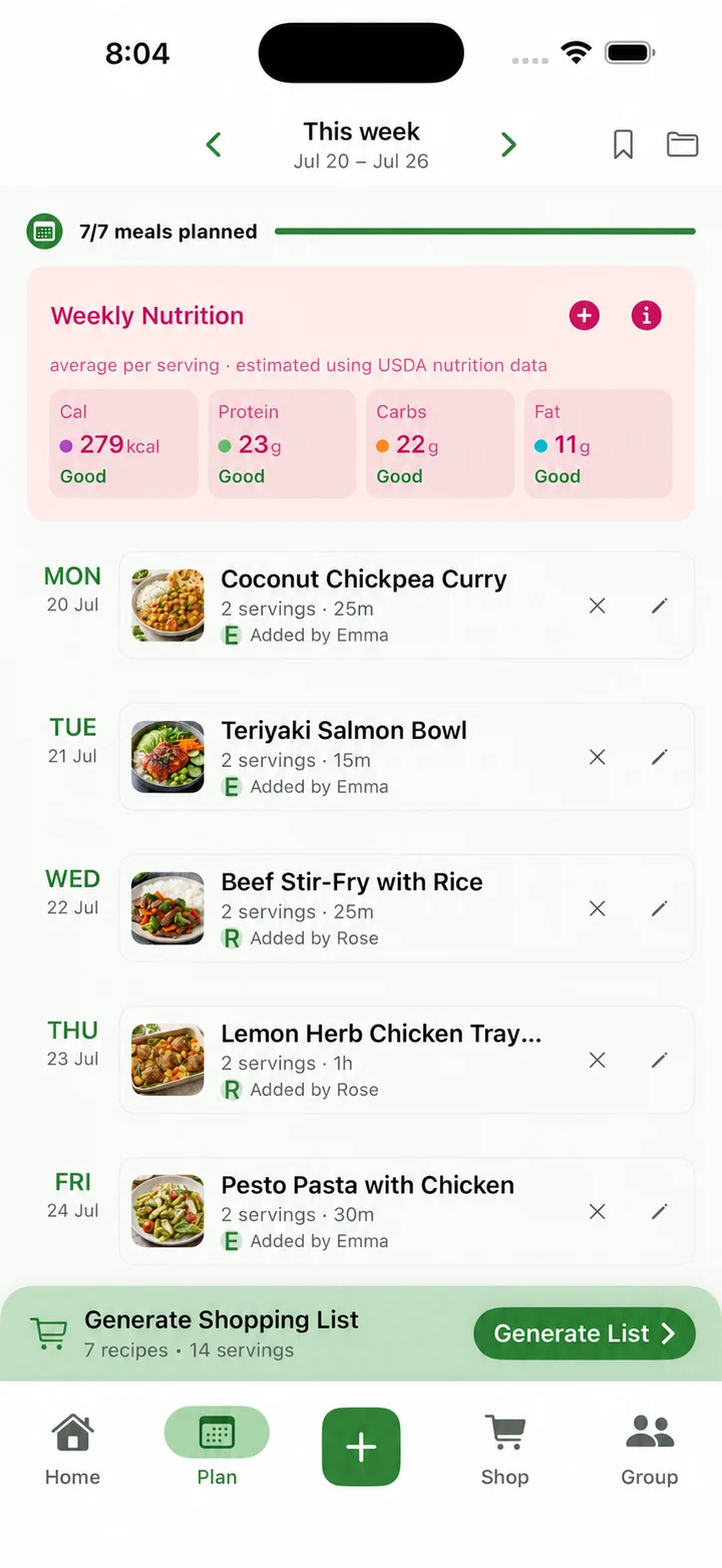 RecipeRun iOS weekly meal plan with seven recipes and fourteen servings